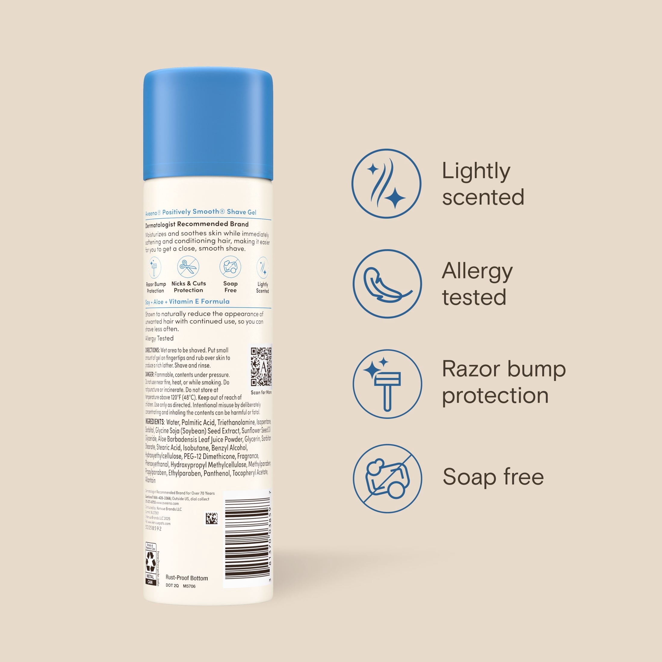 Aveeno Positively Smooth Shaving Gel with Aloe, Shave Cream for Men and Women, Lightly Scented, 7 oz