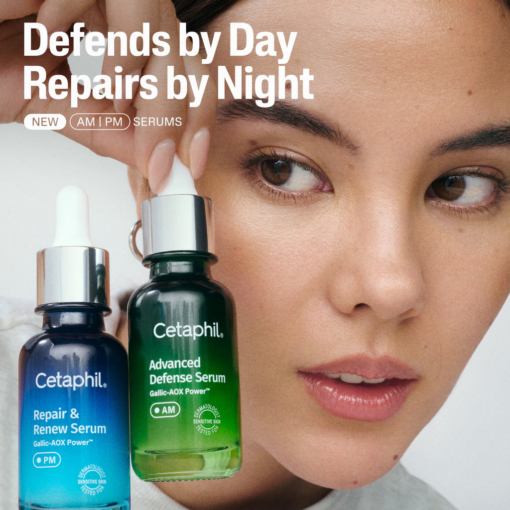 CETAPHIL Advanced Defense AM Face Serum for Stressed Sensitive Skin, Hyaluronic Acid and Niacinamide, 1 fl oz