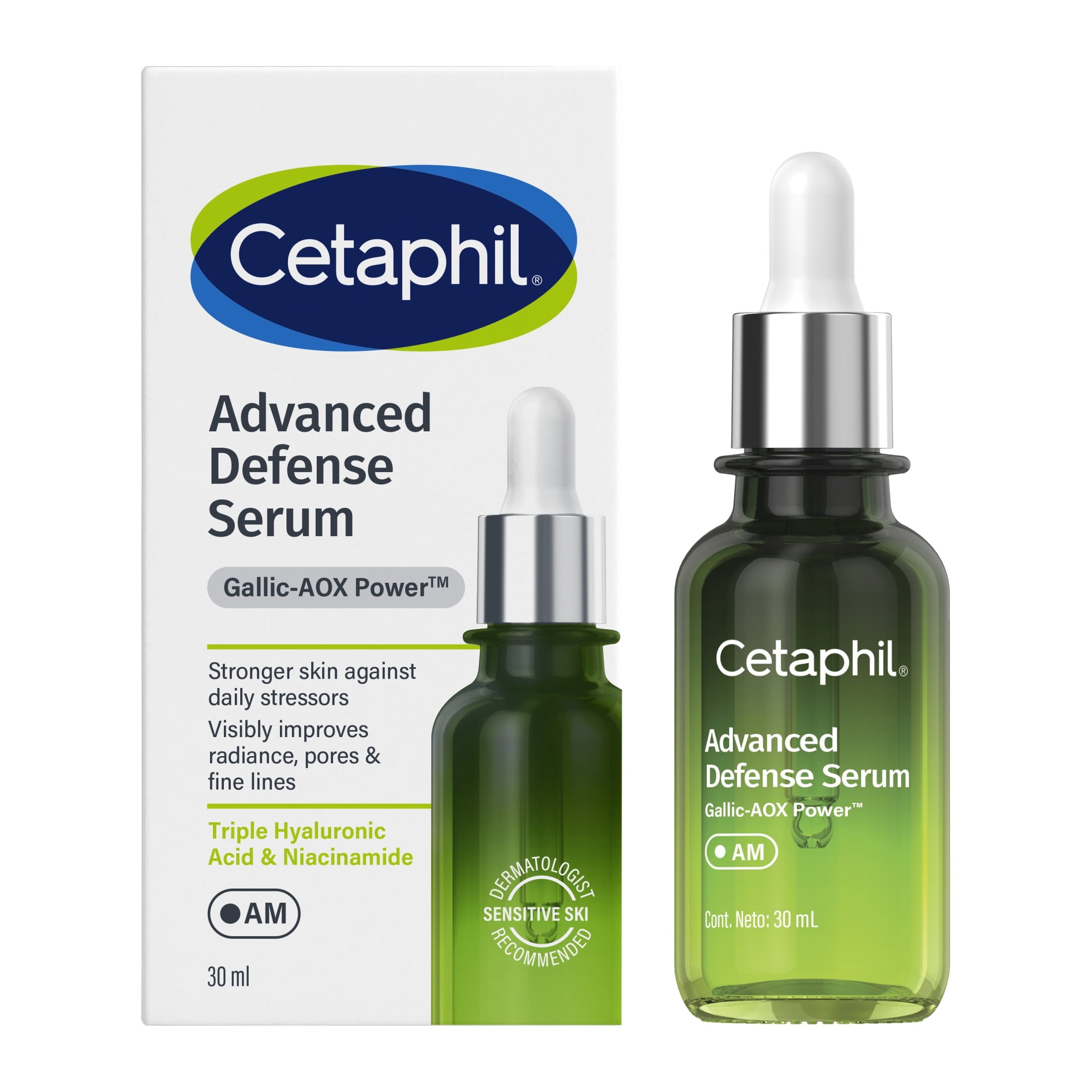 CETAPHIL Advanced Defense AM Face Serum for Stressed Sensitive Skin, Hyaluronic Acid and Niacinamide, 1 fl oz