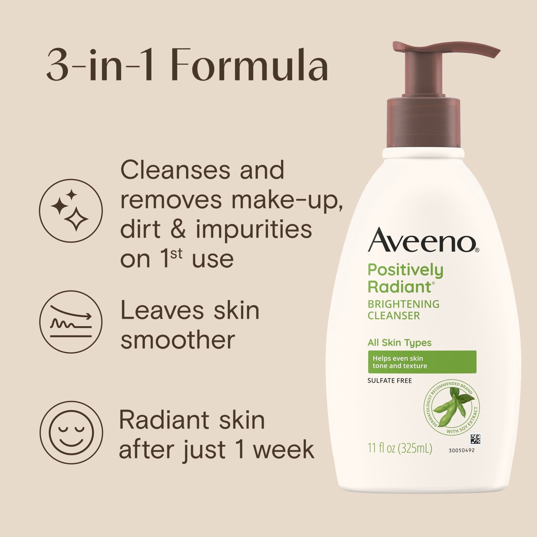 Aveeno Positively Radiant Brightening Cleanser, Soy Extract, 11 fl. oz