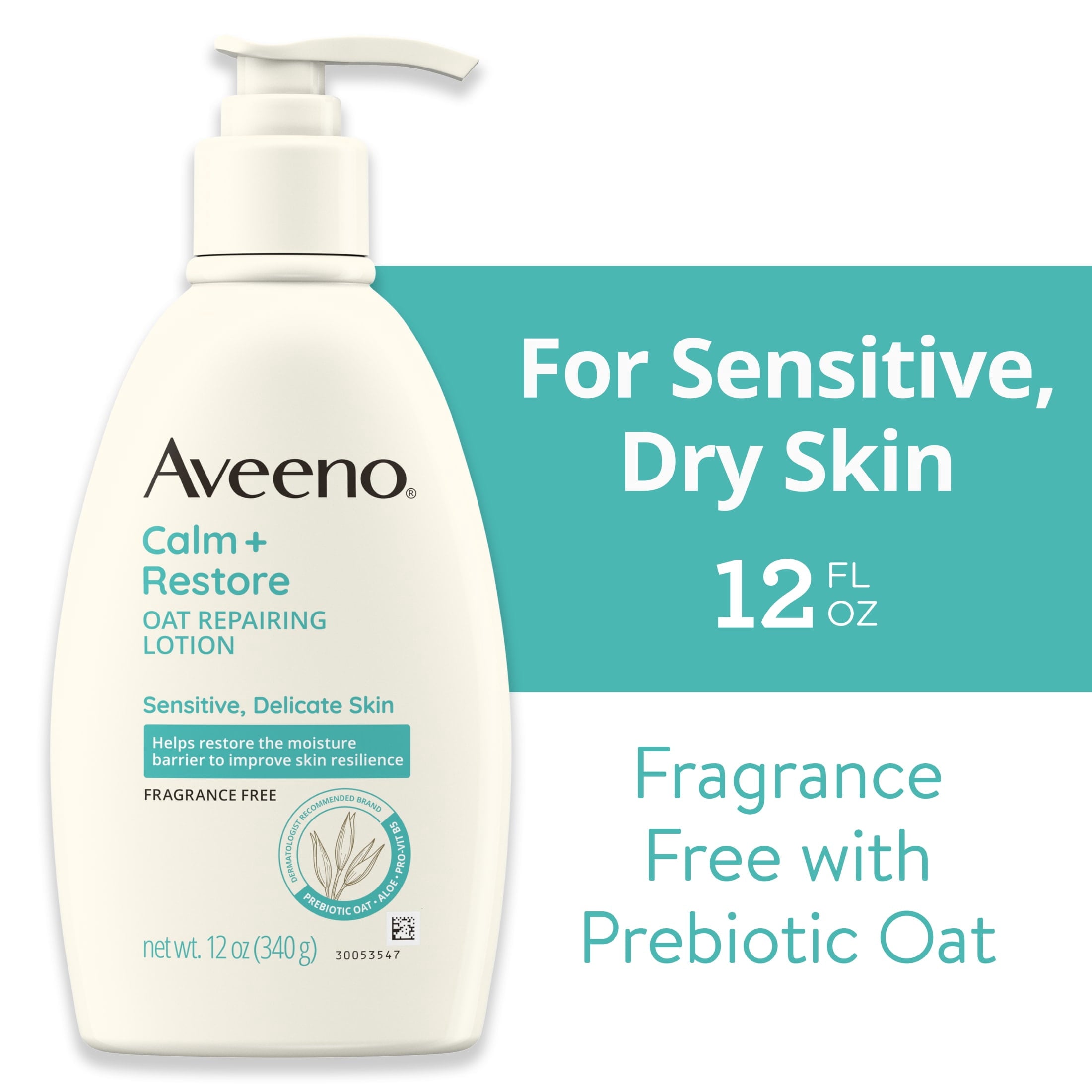 Aveeno Calm + Restore Fragrance Free Sensitive Skin Body Lotion, 12 oz