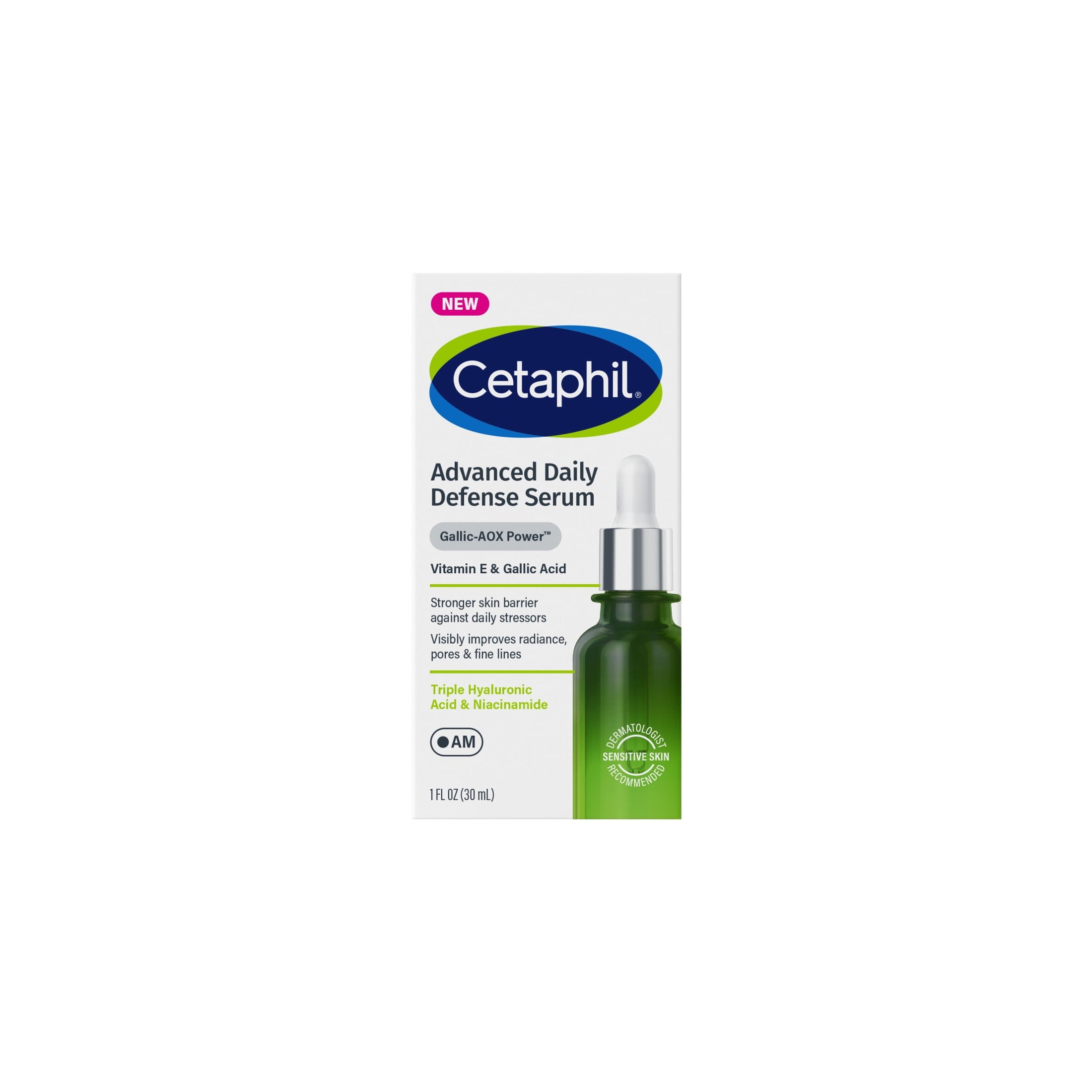 CETAPHIL Advanced Defense AM Face Serum for Stressed Sensitive Skin, Hyaluronic Acid and Niacinamide, 1 fl oz