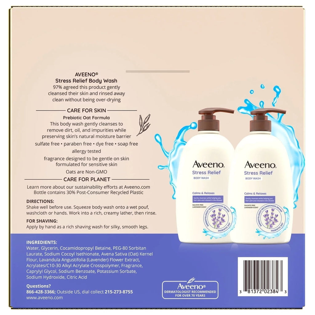 Aveeno Stress Relief Body Wash w/ Lavender & Chamomile, 33 Fluid Ounce (2 Pack)