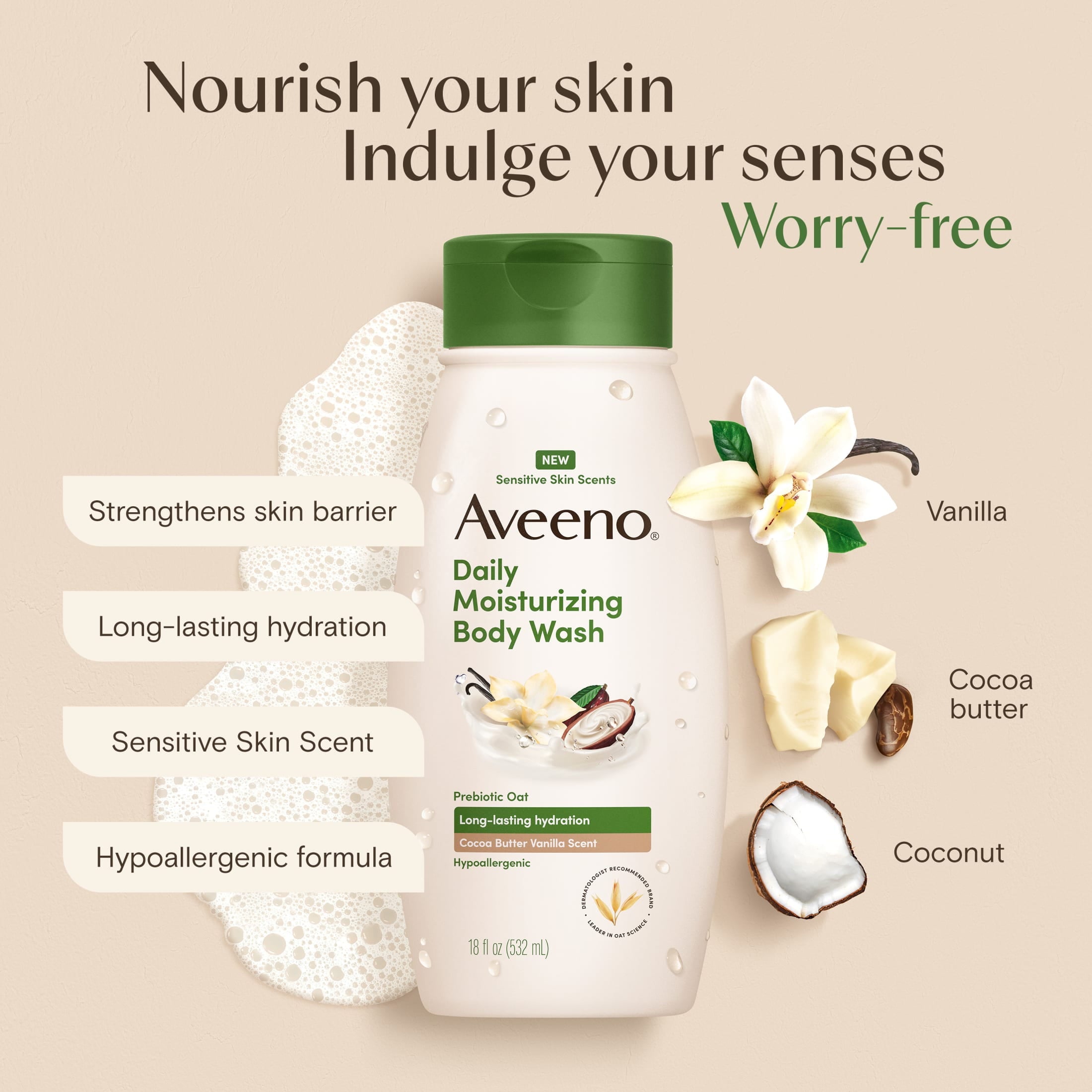 Aveeno Daily Moisturizing Body Wash, Cocoa Butter Vanilla Scent, 18 fl. oz