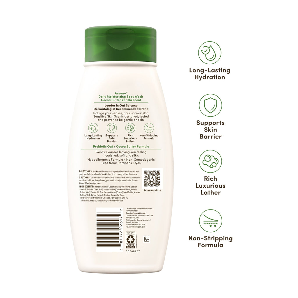 Aveeno Daily Moisturizing Body Wash, Cocoa Butter Vanilla Scent, 18 fl. oz
