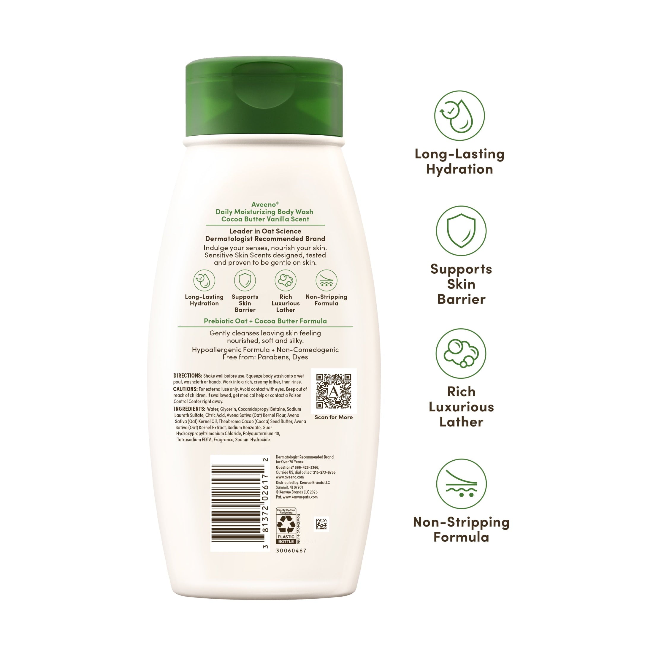 Aveeno Daily Moisturizing Body Wash, Cocoa Butter Vanilla Scent, 18 fl. oz