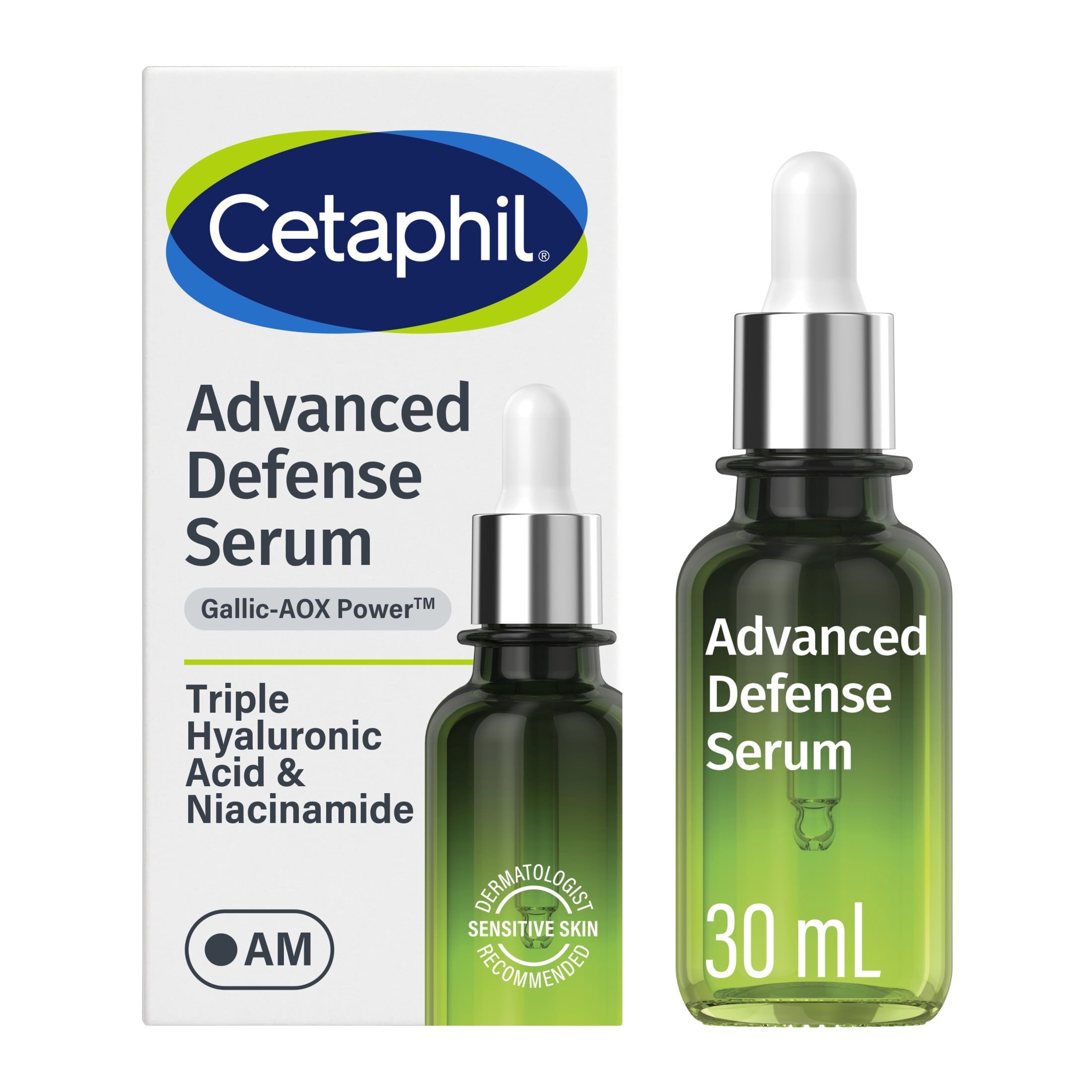 CETAPHIL Advanced Defense AM Face Serum for Stressed Sensitive Skin, Hyaluronic Acid and Niacinamide, 1 fl oz