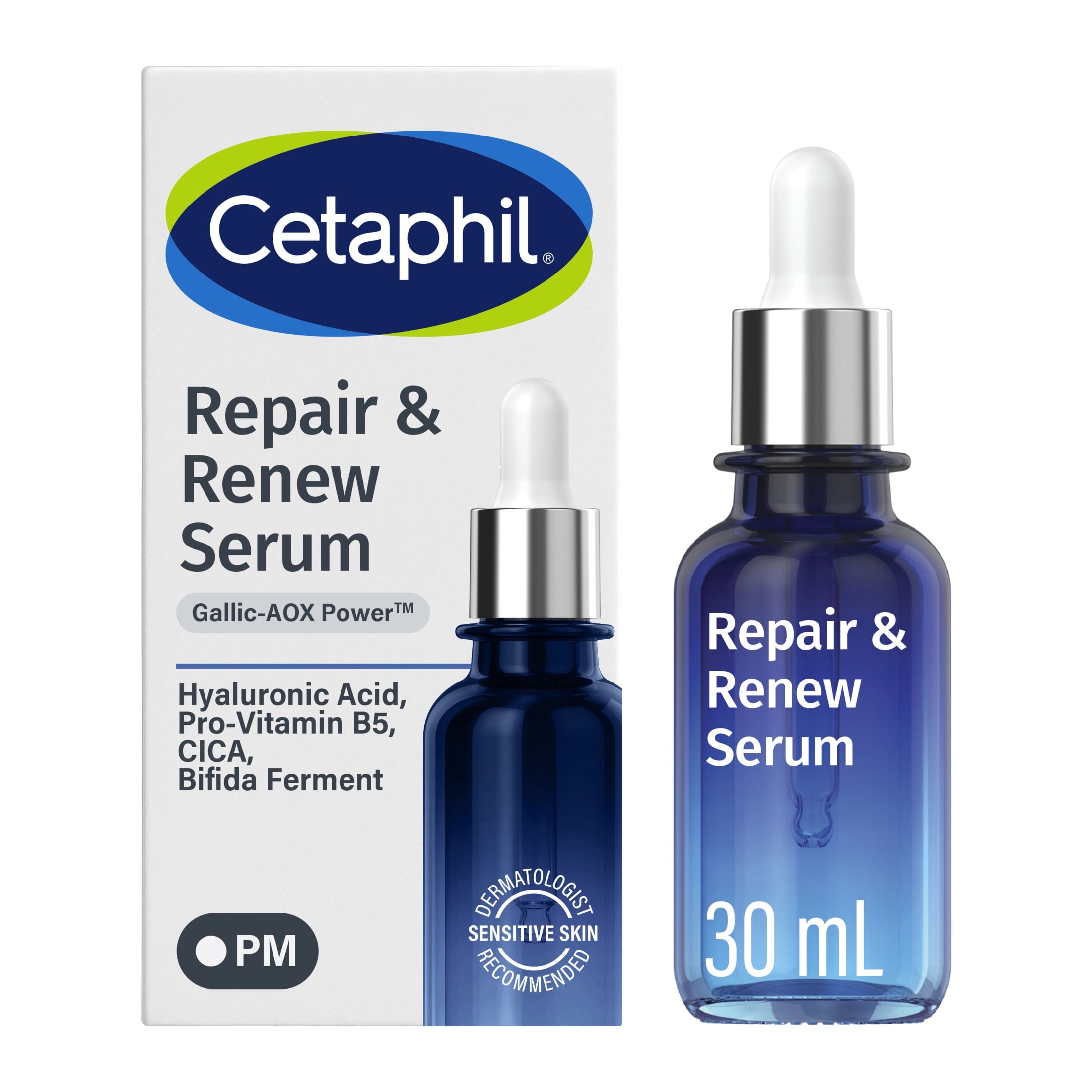 CETAPHIL Repair & Renew PM Face Serum for Stressed Sensitive Skin, Hyaluronic Acid and Powerful Anxtioxidants, 1 fl oz