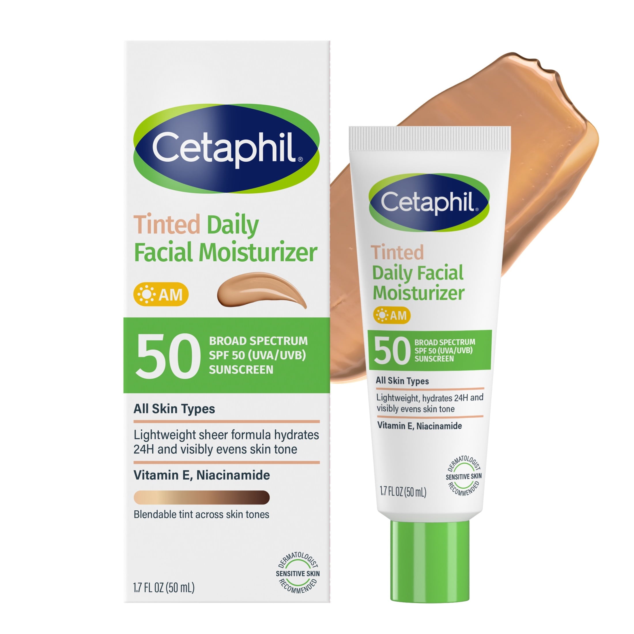 Cetaphil Tinted Daily Facial Moisturizer, Broad Spectrum SPF 50 Lotion for Face, 1.7 fl oz