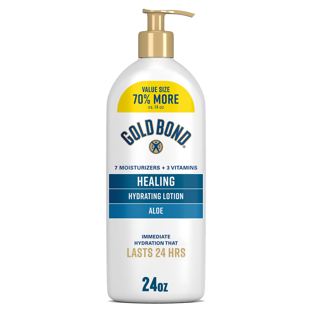 Gold Bond Healing Hydrating Body Lotion with Aloe, Moisturizer for Dry to Extra Dry Skin, 24-HR Hydration to Soothe & Comfort, Non-Greasy, Dermatologist-Tested, Light Scent, 24 Oz Family Size Pump