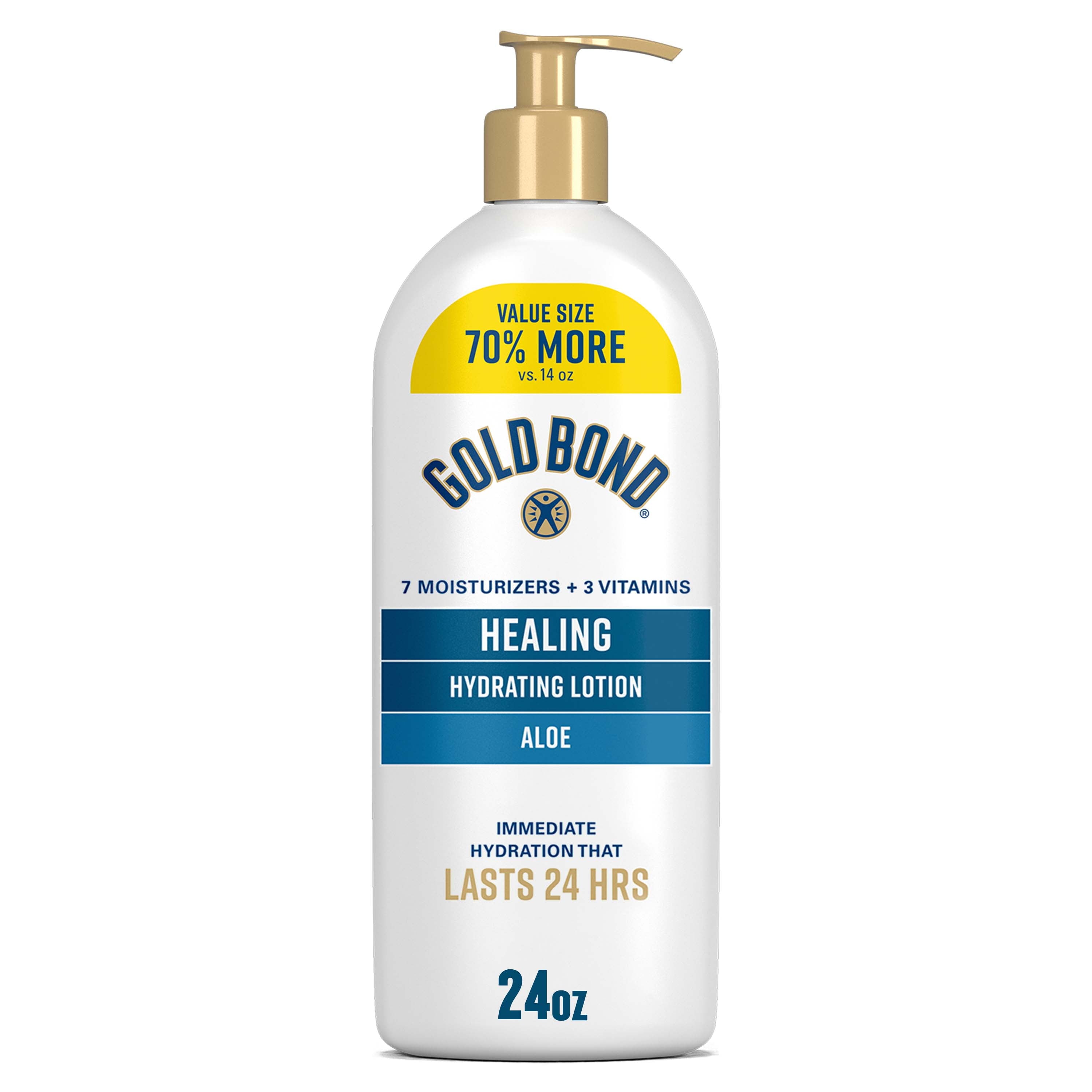 Gold Bond Healing Hydrating Body Lotion with Aloe, Moisturizer for Dry to Extra Dry Skin, 24-HR Hydration to Soothe & Comfort, Non-Greasy, Dermatologist-Tested, Light Scent, 24 Oz Family Size Pump