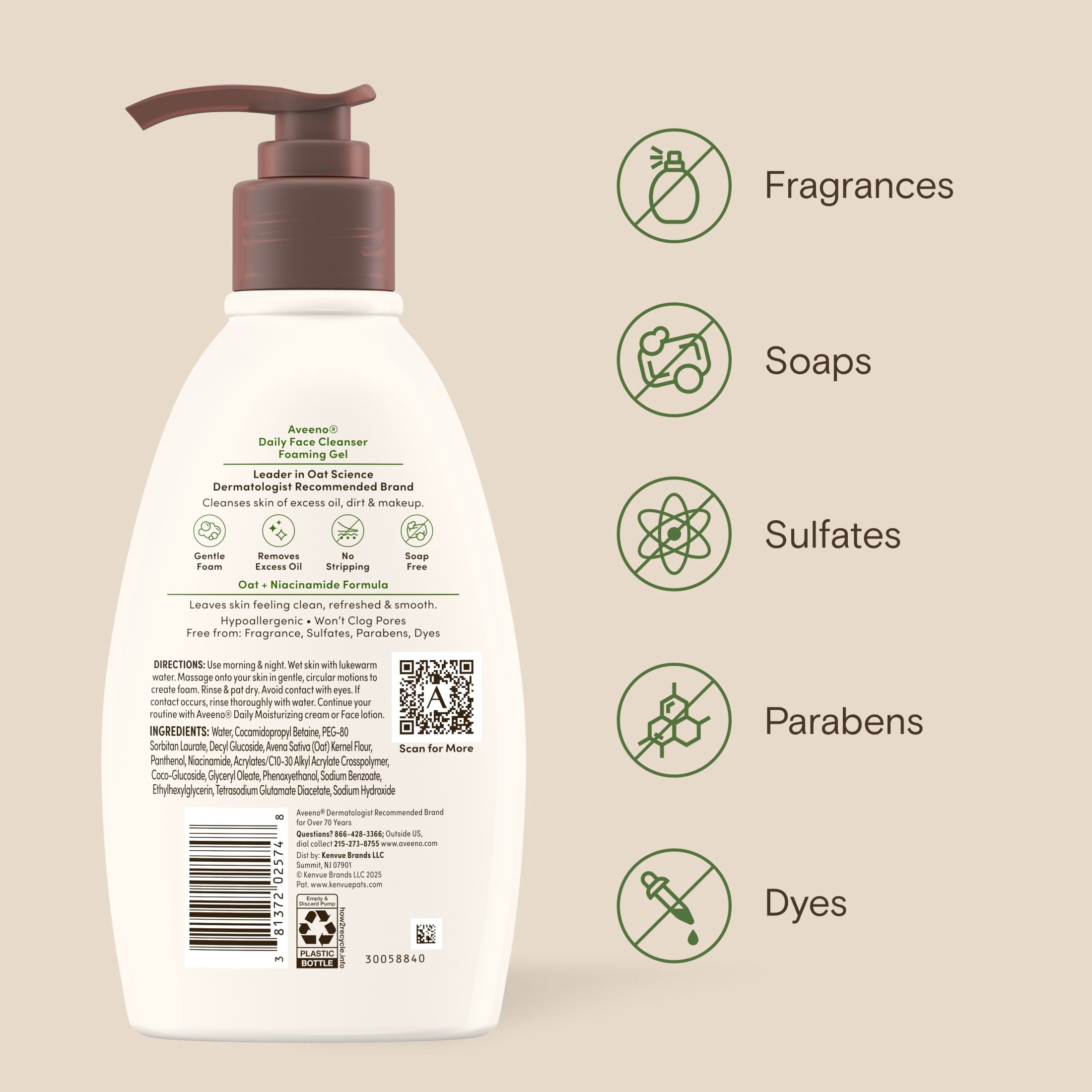 Aveeno Daily Foaming Gel Facial Cleanser, 12 Fl oz