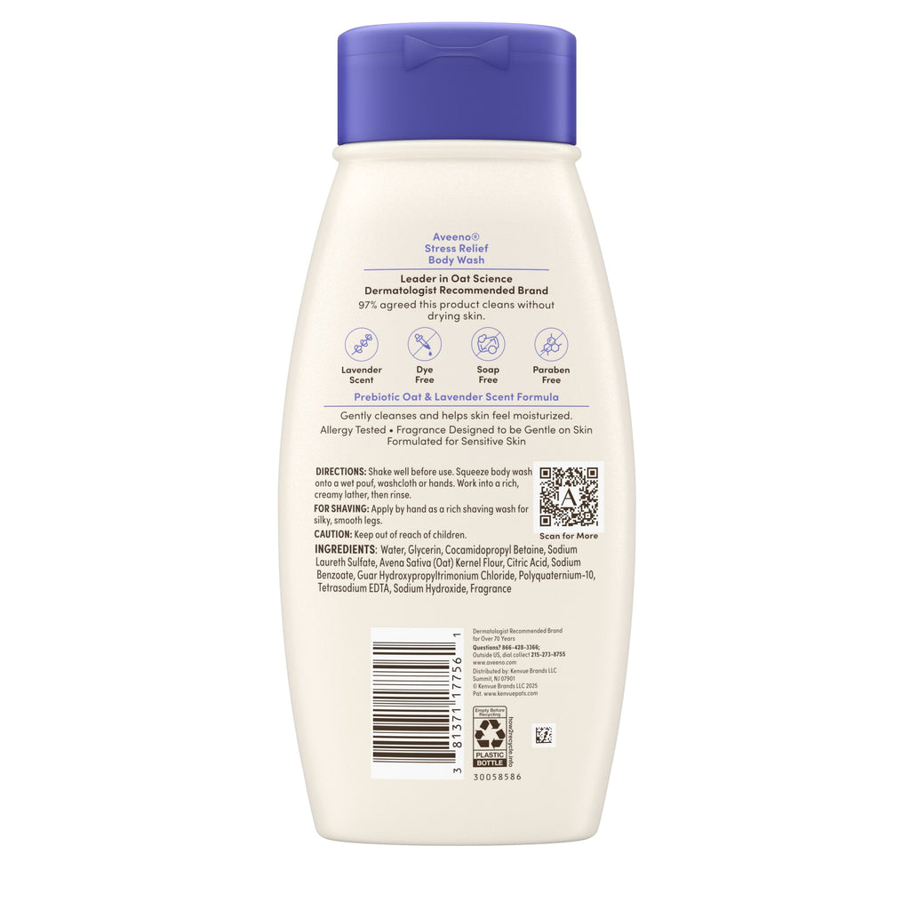 Aveeno Stress Relief Body Wash with Prebiotic Oat, Calming Lavender Scent, 18 fl oz