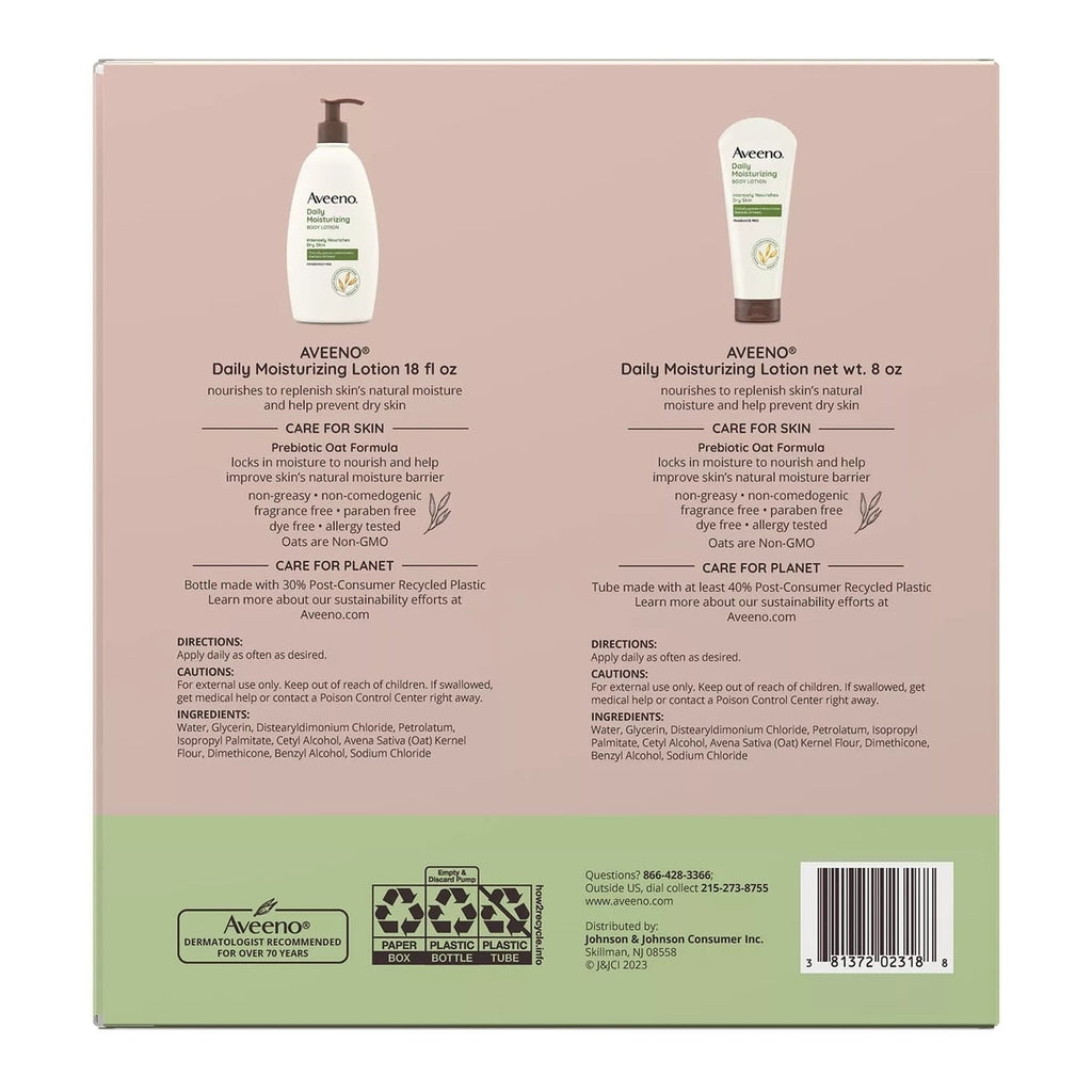 Aveeno Daily Moisturizing Body Lotion 18 Fluid Ounce (Pack of 2) + 8 Ounce Tube