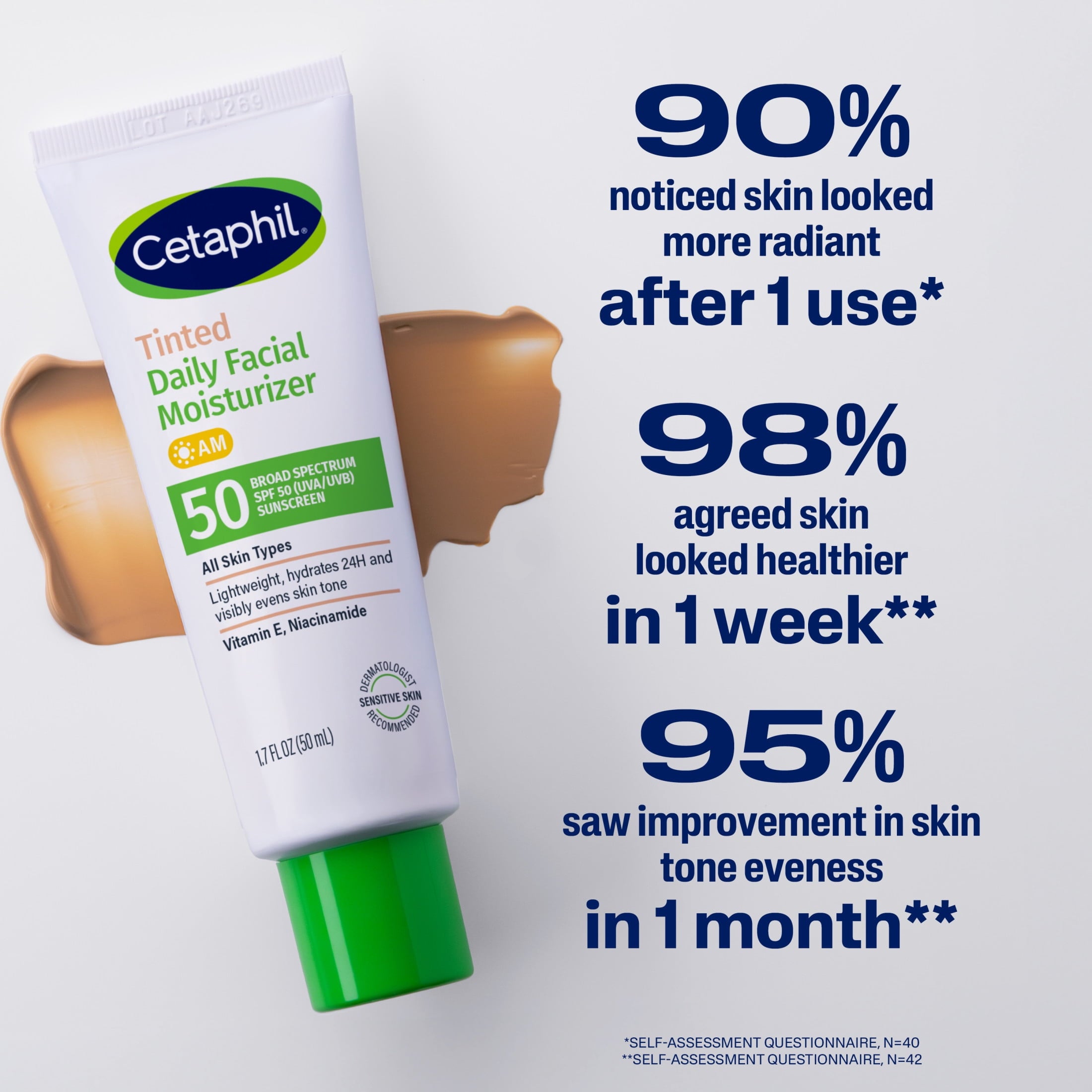 Cetaphil Tinted Daily Facial Moisturizer, Broad Spectrum SPF 50 Lotion for Face, 1.7 fl oz